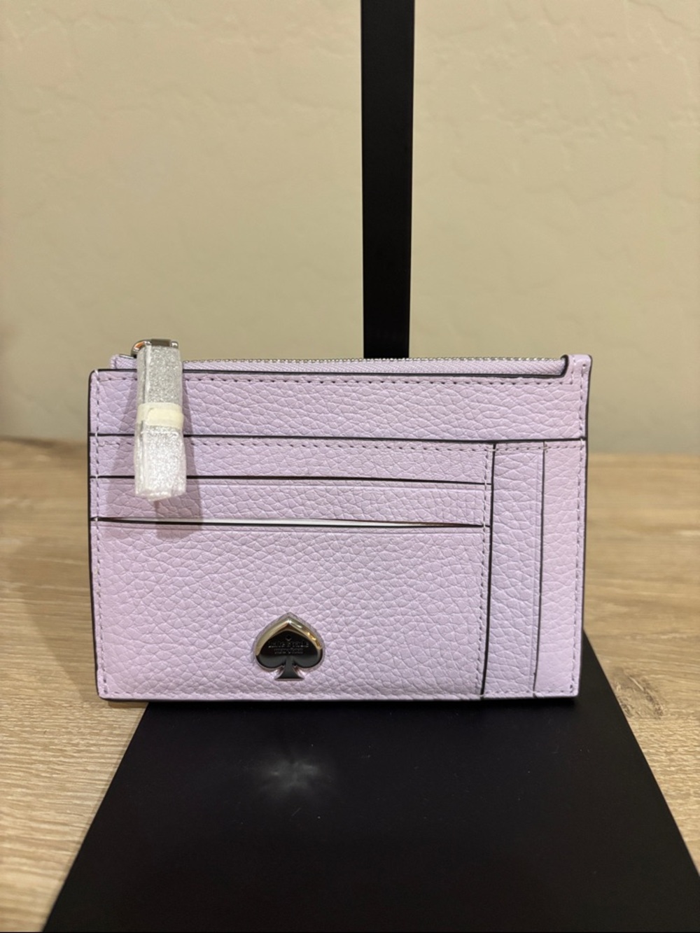 kate spade Kayla Lilac Pebbled Leather Card Case with Silver Spade Accent